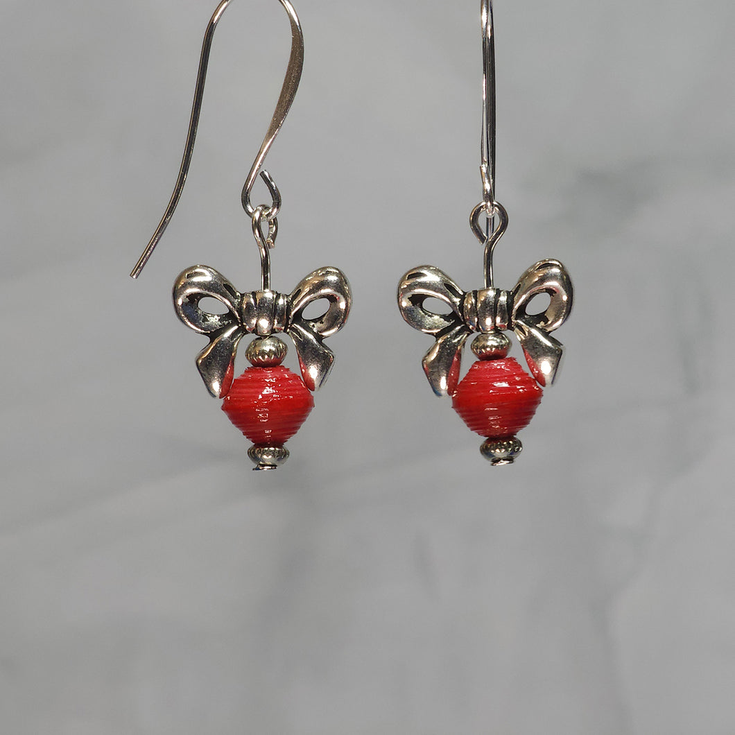 Silver Bow Red Bead Earrings - 1-1/2