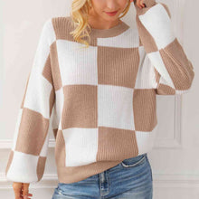 Load image into Gallery viewer, Checkered Round Neck Drop Shoulder Long Sleeve Sweater
