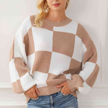 Load image into Gallery viewer, Checkered Round Neck Drop Shoulder Long Sleeve Sweater
