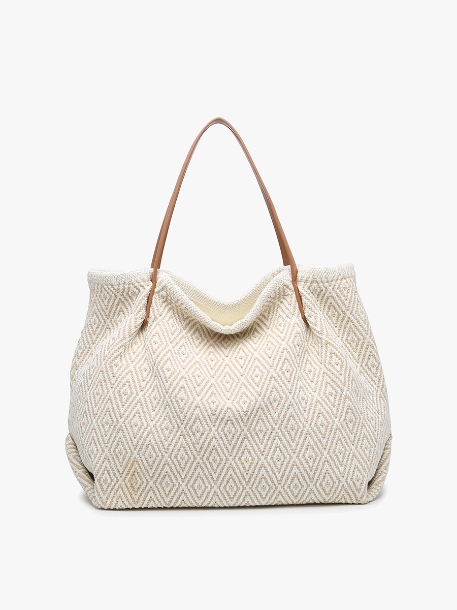 Boho Printed Cotton Tote w/ Zip Top: Beige/White
