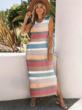 Load image into Gallery viewer, Slit Striped Round Neck Sleeveless Dress
