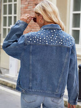 Load image into Gallery viewer, Pearl Detail Collared Neck Long Sleeve Denim Jacket
