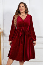Load image into Gallery viewer, Plus Size Surplice Neck Balloon Sleeve Tie Belt Midi Dress

