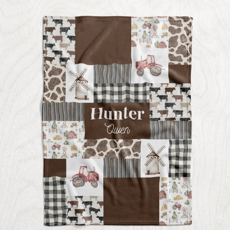 Personalized Watercolor Farming Blanket - Boy's Tractor Faux Quilt Style Plush Minky Blanket