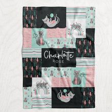 Load image into Gallery viewer, Personalized Girl&#39;s Cat Blanket - Mint, Pink, and Charcoal Gray Cartoon Cat Faux Quilt Style Plush Minky Blanket

