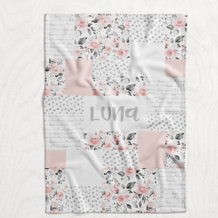 Personalized Girl's Watercolor Floral Blanket - Pink & Gray Watercolor Flowers Faux Quilt Style Plush Minky Blanket