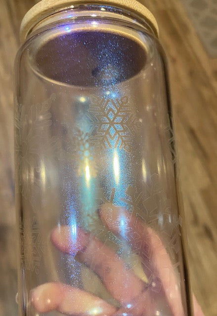 Iridescent Blue Snowflake Can Glass w/ Bamboo Lid