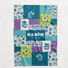 Load image into Gallery viewer, Personalized Monsters Inspired Blanket - Sully &amp; Mike Wazowski Faux Quilt Style Plush Minky Blanket
