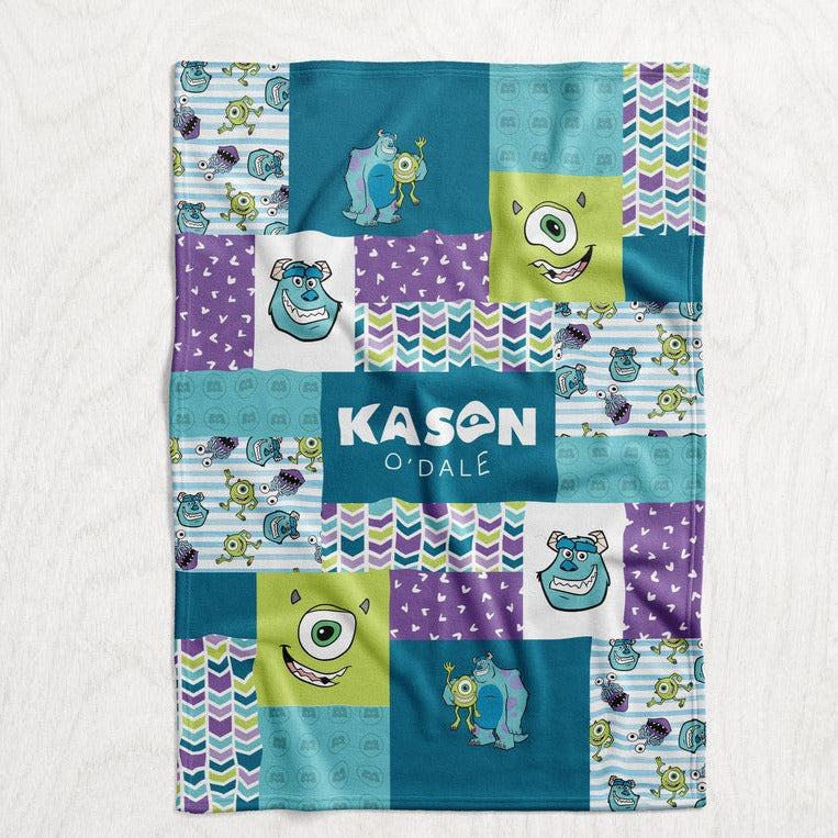 Personalized Monsters Inspired Blanket - Sully & Mike Wazowski Faux Quilt Style Plush Minky Blanket