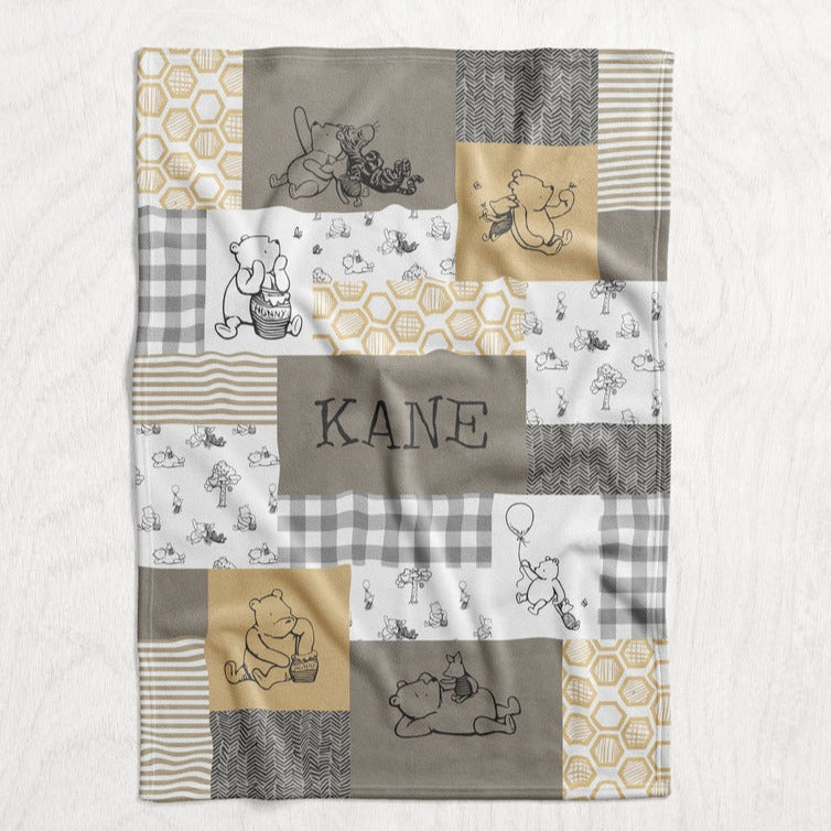 Personalized Pooh Inspired Blanket - Classic Winnie the Pooh Faux Quilt Style Plush Minky Blanket