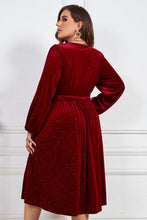 Load image into Gallery viewer, Plus Size Surplice Neck Balloon Sleeve Tie Belt Midi Dress
